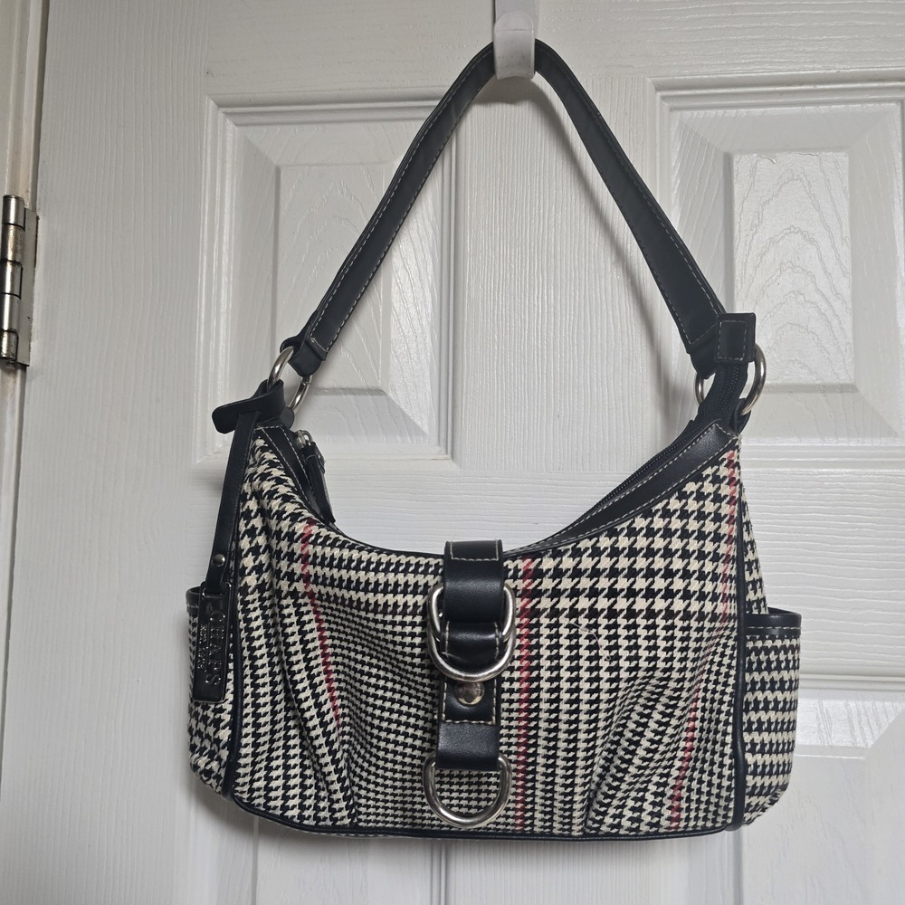 Y2K Vintage Chaps Houndstooth Shoulder Bag Black White Red Buckle Accent Zipper‎